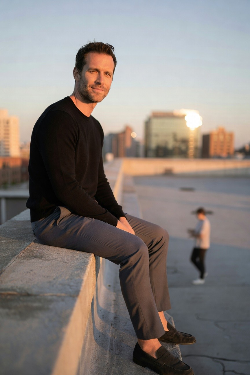 Man in black crewneck sweater and slim grey pants sitting on a concrete ledge with black loafers, urban rooftop background blurred