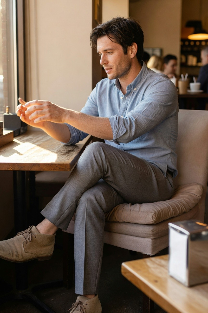 Man in light blue chambray button-up shirt with rolled sleeves, slim grey trousers, and tan suede desert boots, seated and holding a small object between his fingers