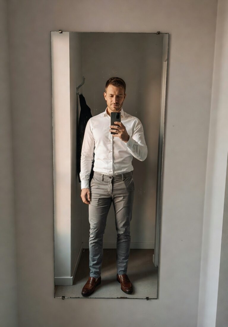 Man taking mirror selfie in full-length white button-down shirt tucked into slim grey chinos with brown leather loafers and matching belt, smart casual style