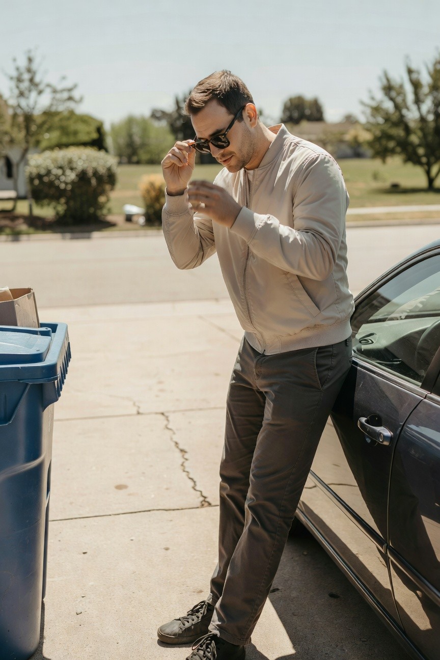 Man in open light beige bomber jacket over slim grey pants black sneakers tortoise sunglasses leaning casually by dark car door with wristwatch visible