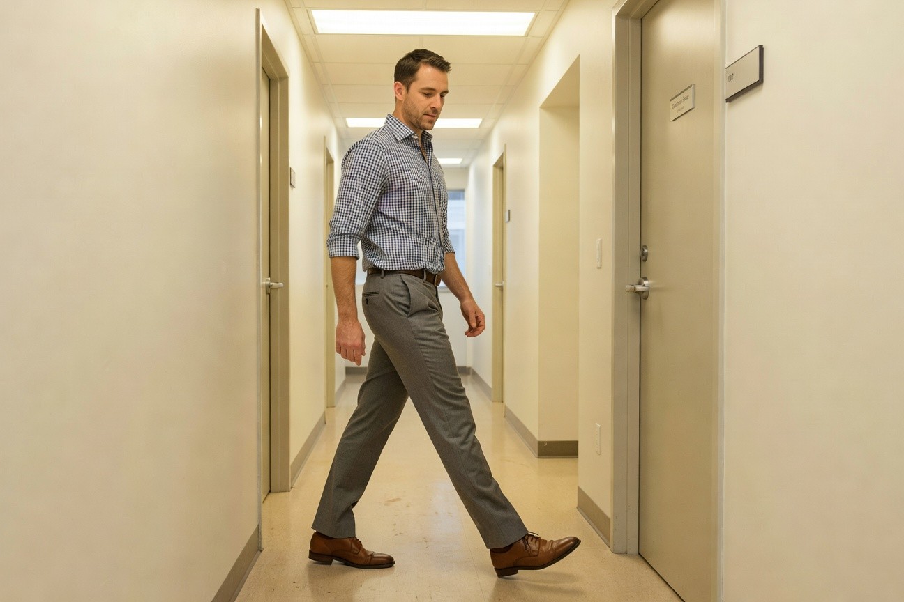 Man walking down beige office hallway in light blue checkered button-up shirt with rolled sleeves, medium grey wool trousers, brown leather brogue shoes, and matching belt, mid-stride showing smart casual comfort
