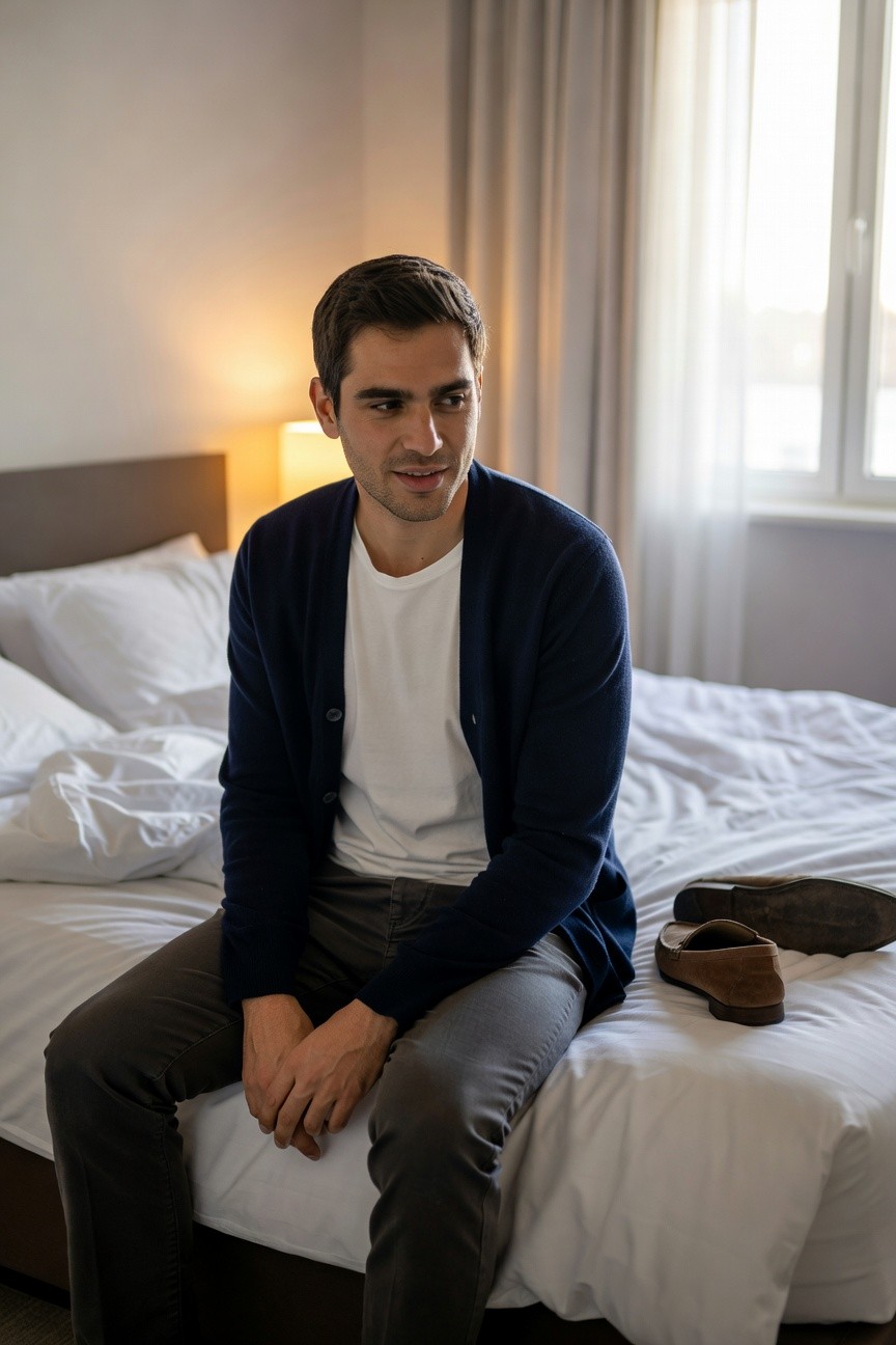 Man in slim grey trousers, open navy knit cardigan over white t-shirt, sitting on bed with brown suede loafer nearby, smart casual style