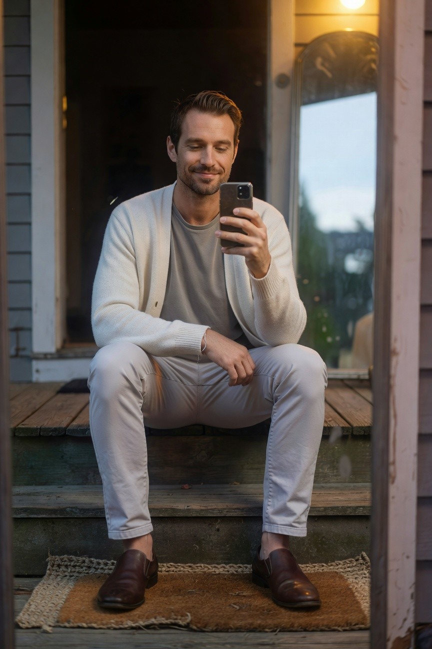 Man sitting on wooden steps in light grey slim pants, open white knit cardigan over grey t-shirt, brown leather loafers, holding phone with subtle bracelet on wrist