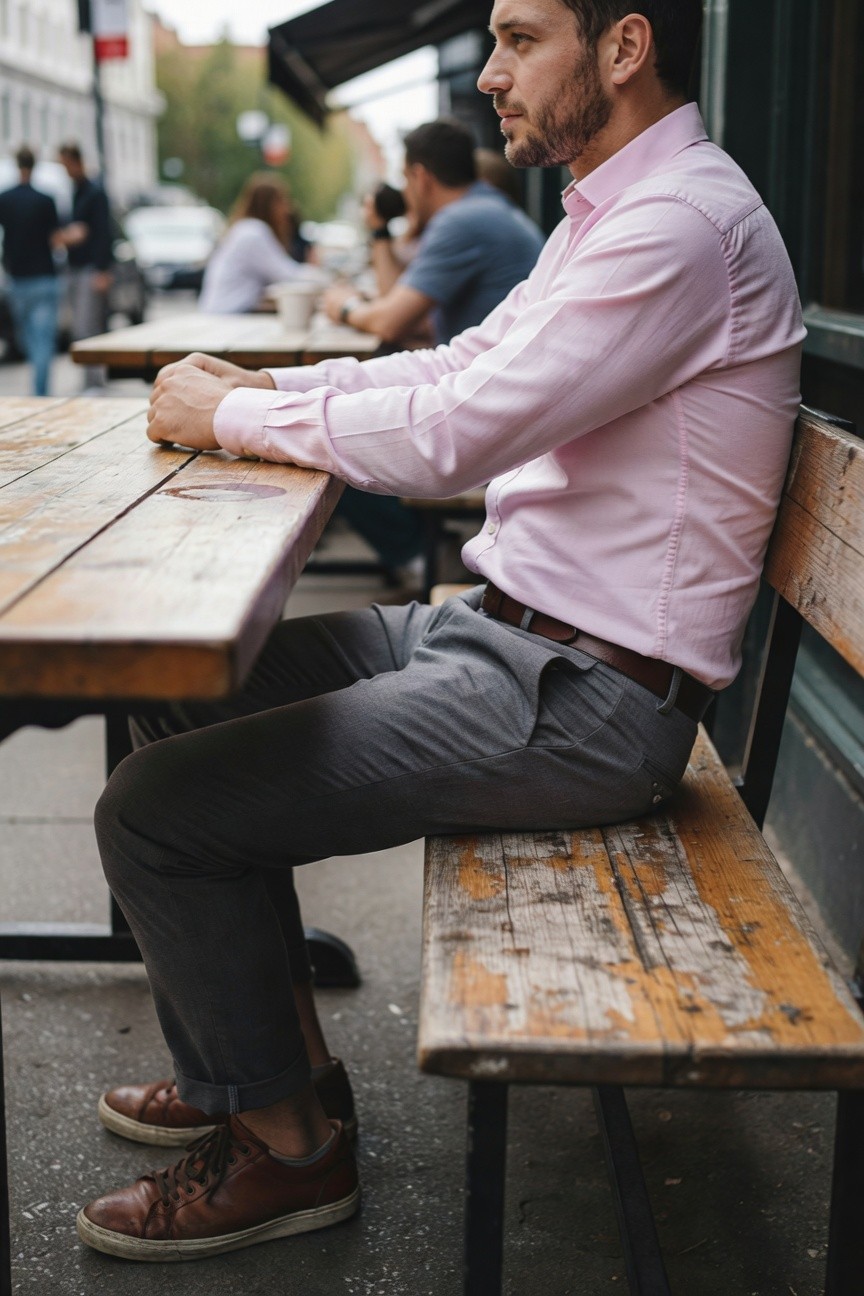 Side view of a man in a light pink long-sleeve button-up shirt, slim grey wool pants with rolled cuffs, brown leather belt and matching brogue sneakers, seated on a wooden bench at an outdoor table