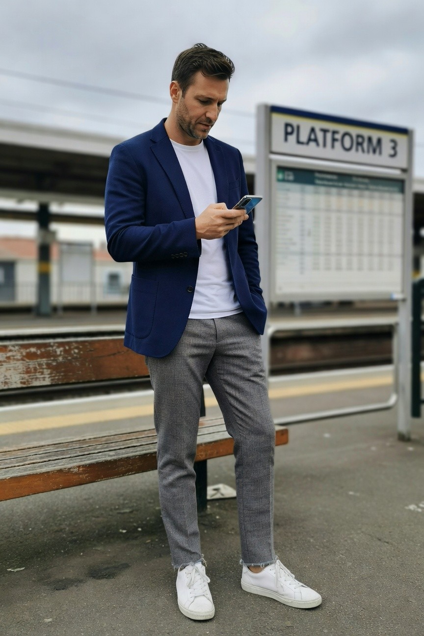 Man in navy blue blazer, white t-shirt, grey trousers, and white sneakers standing on a train platform, checking his phone by Platform 3 sign