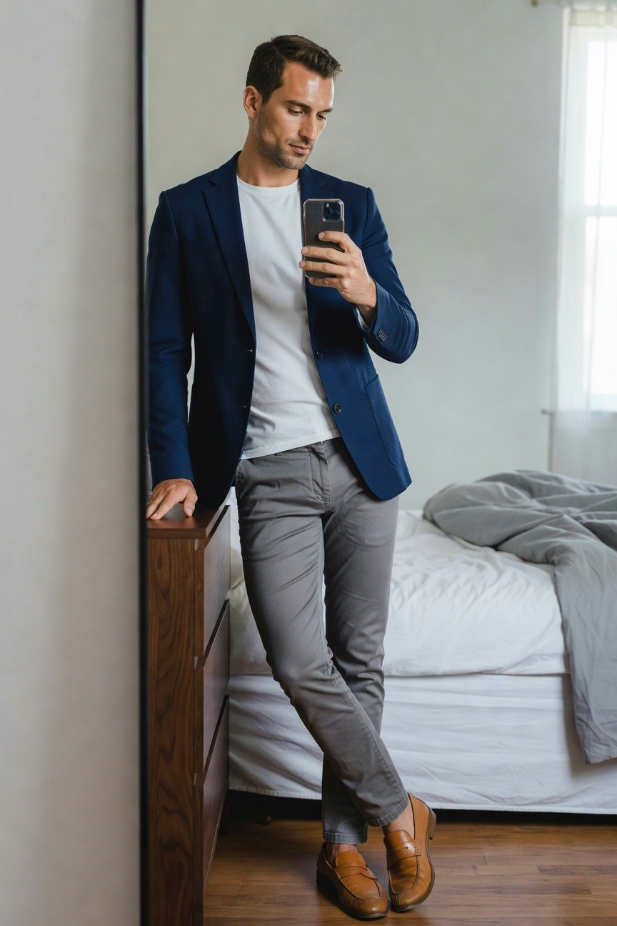 Man in navy blazer, white t-shirt, grey pants, and tan loafers leaning against wooden bed frame in bedroom, taking selfie with phone