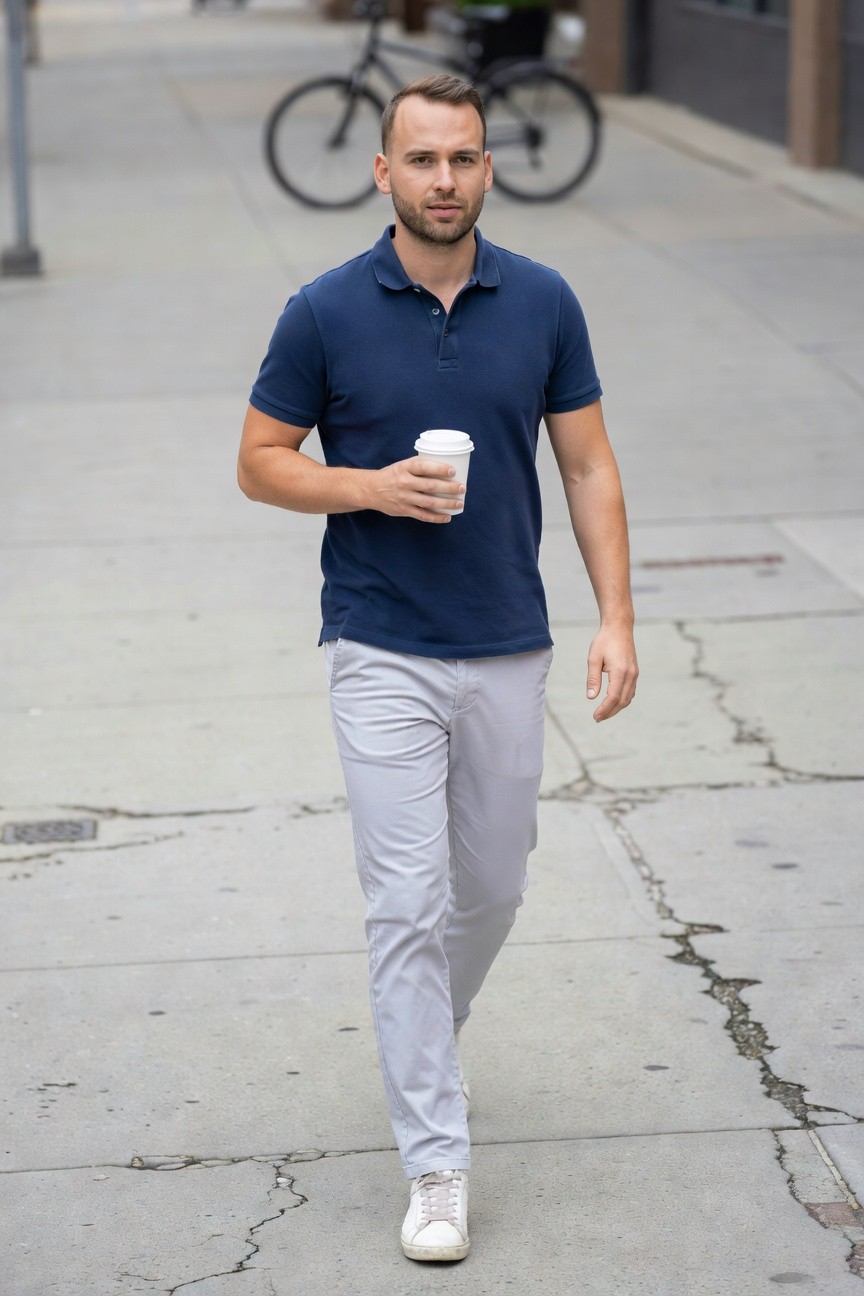 Man in short-sleeve navy polo shirt, light grey chinos, white sneakers walking on sidewalk holding white coffee cup
