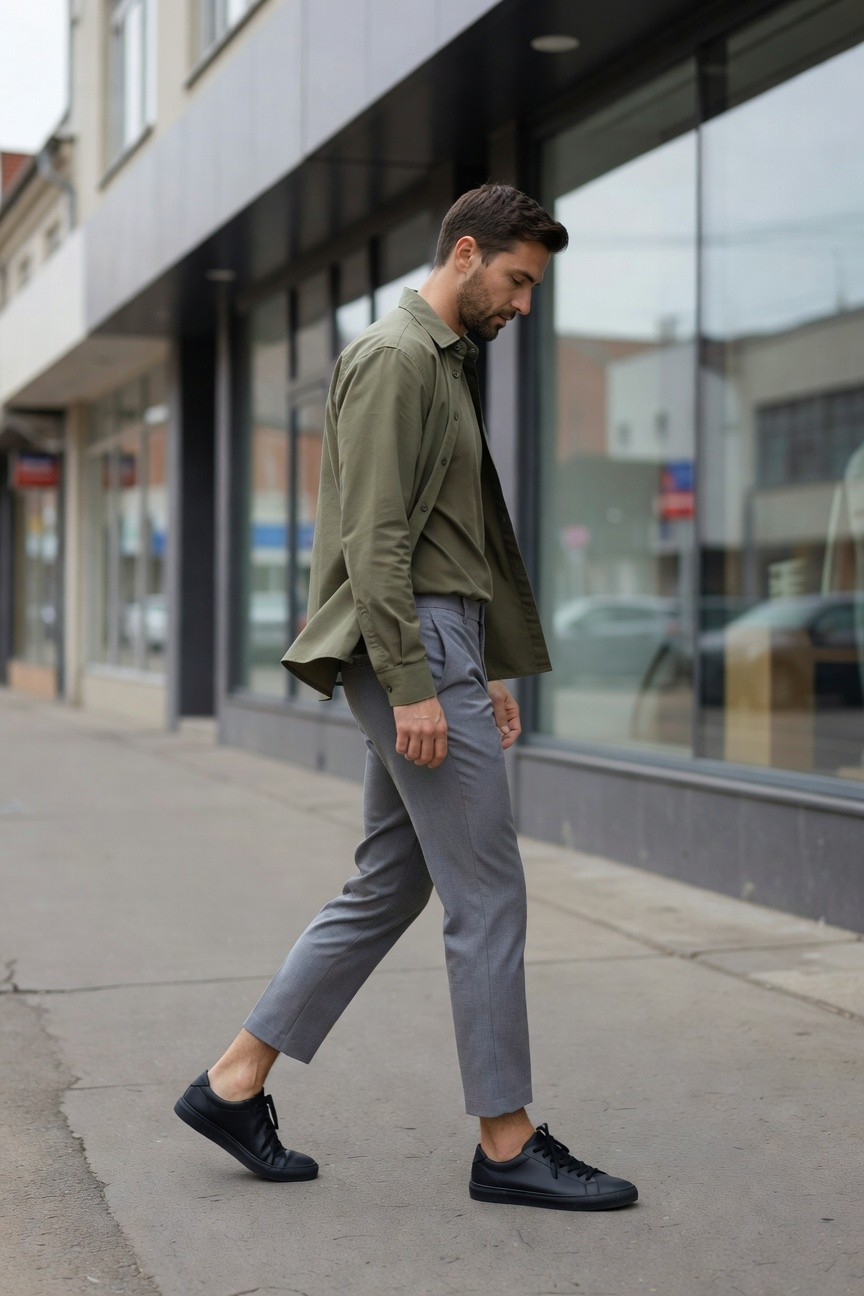 Side view of a man walking in an open olive green button-down shirt, slim light grey cropped pants, and black leather sneakers on a city sidewalk