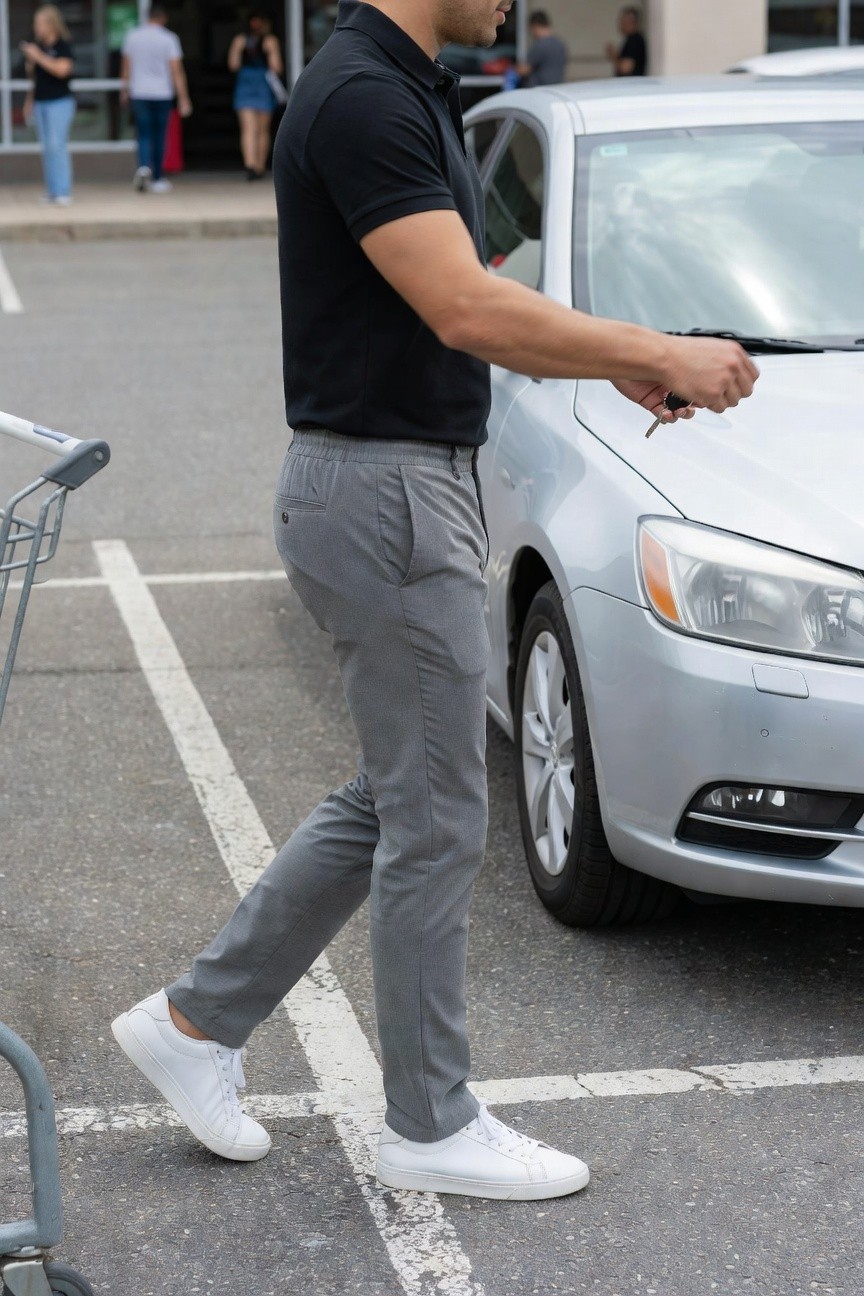 Man in black short-sleeve polo shirt, slim grey pants, and white sneakers walking in parking lot holding car keys near silver sedan and shopping cart
