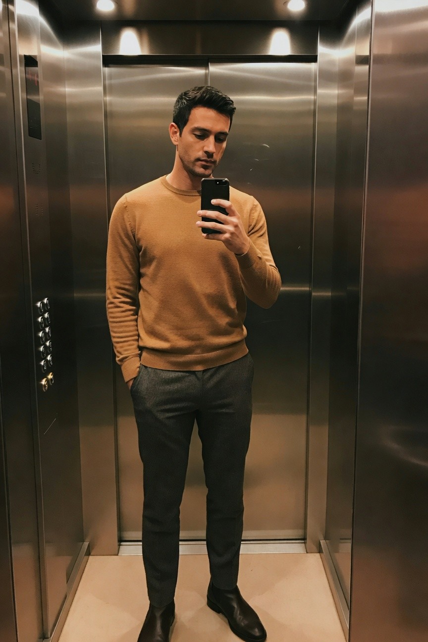 A man in a rust knit sweater, slim grey wool trousers, and black leather boots stands in a modern elevator taking a mirror selfie with his phone, hands casually in pockets for a smart casual look.