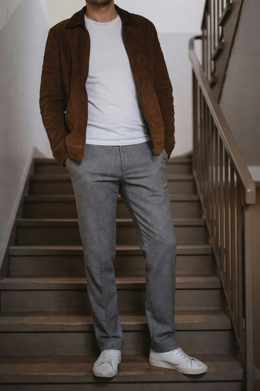 Man in open brown suede jacket over white t-shirt, light grey wool trousers, and white sneakers, standing casually with hands in pockets on wooden stairs