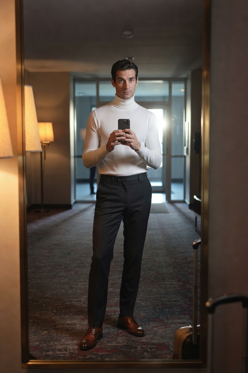 Man taking mirror selfie in white long-sleeve turtleneck sweater, slim grey trousers, black belt, and polished brown leather brogue shoes standing in front of gold-framed mirror with suitcase nearby