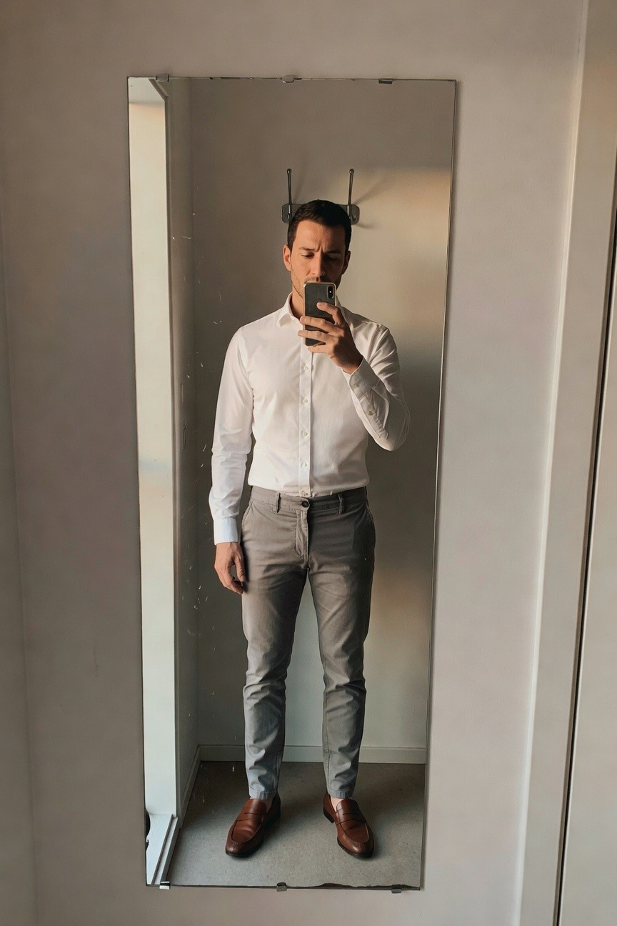 Man taking mirror selfie in full-length white button-down shirt tucked into slim grey chinos with brown leather loafers and matching belt, smart casual style