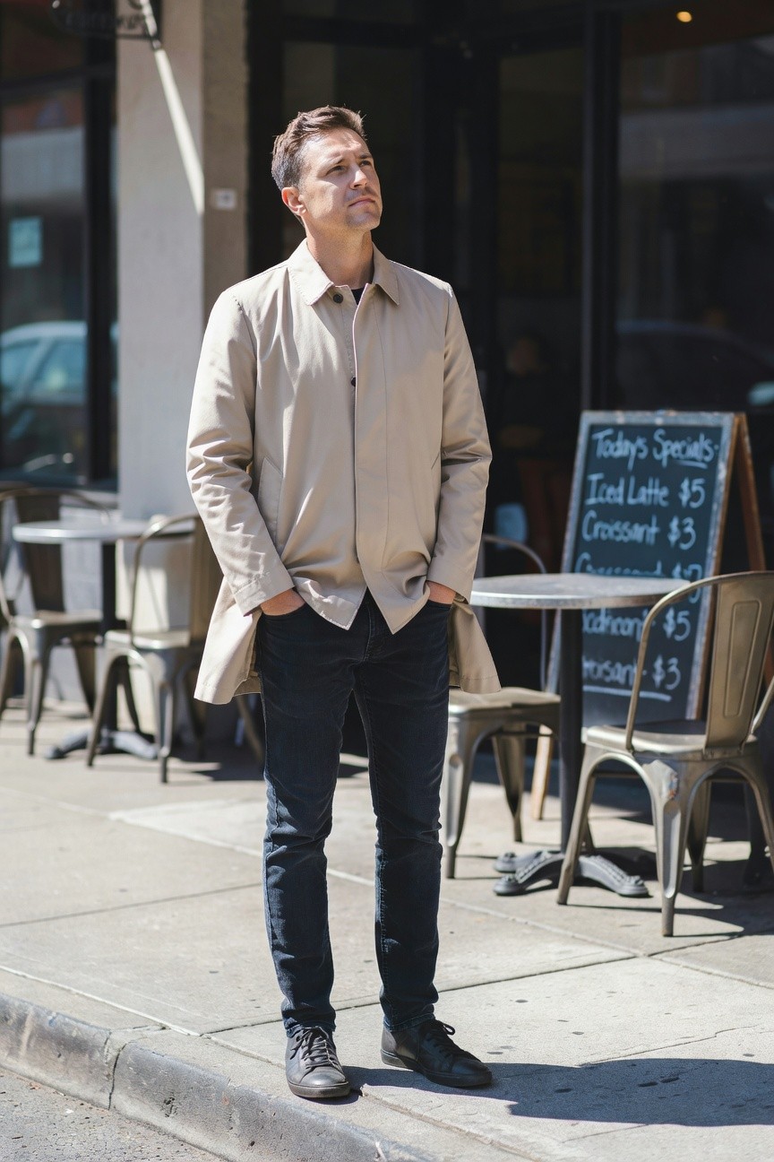 Man in open beige trench coat over dark t-shirt, slim dark blue jeans, and black leather boots, standing with hands in pockets