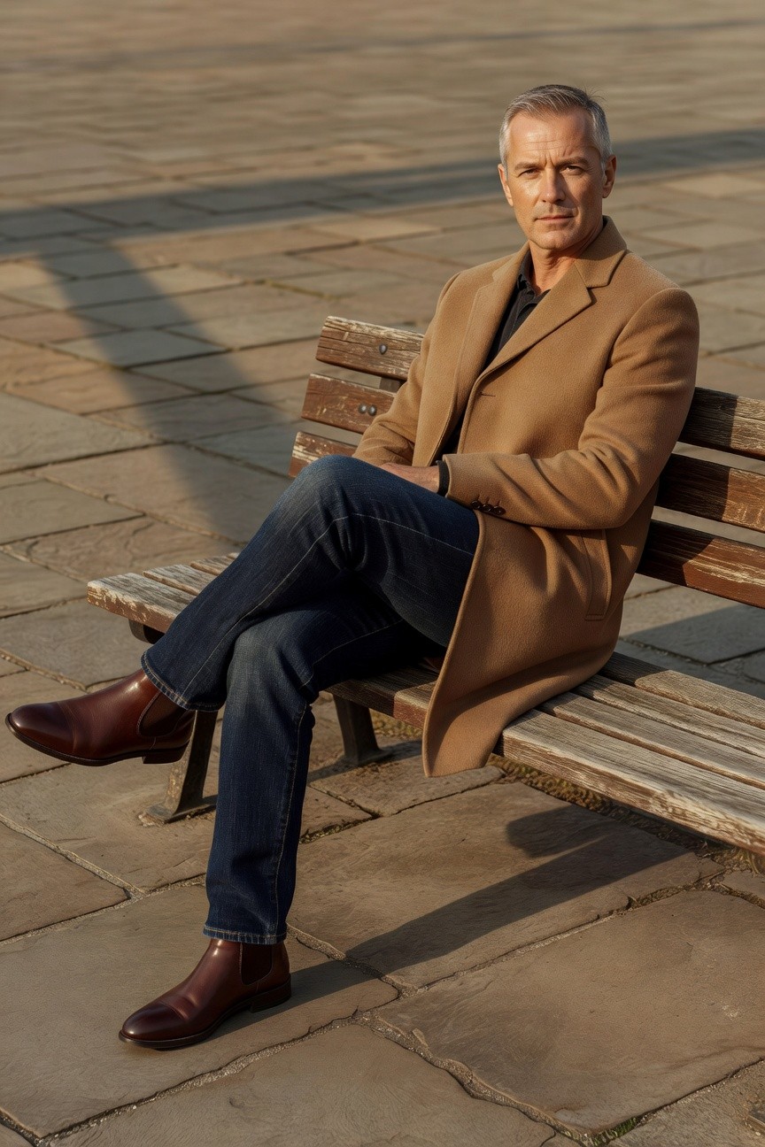 Mature man seated on wooden bench wearing slim blue jeans, long camel wool overcoat, black turtleneck, and polished brown Chelsea boots, legs crossed casually