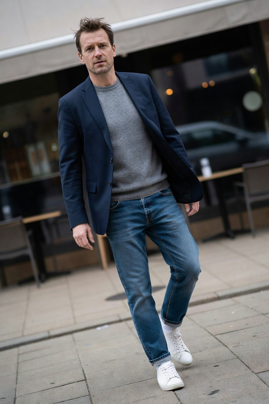 Man wearing navy blazer over grey crewneck sweater tucked into slim blue jeans with white sneakers, casual street style pose