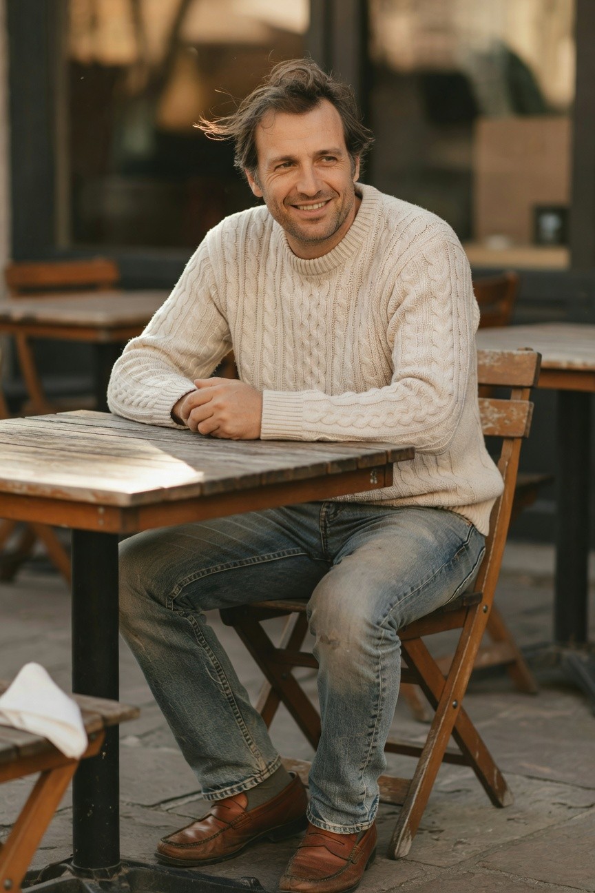 Man in cream cable-knit sweater, light blue faded jeans, and brown loafers, seated with arms crossed on a table, smiling warmly