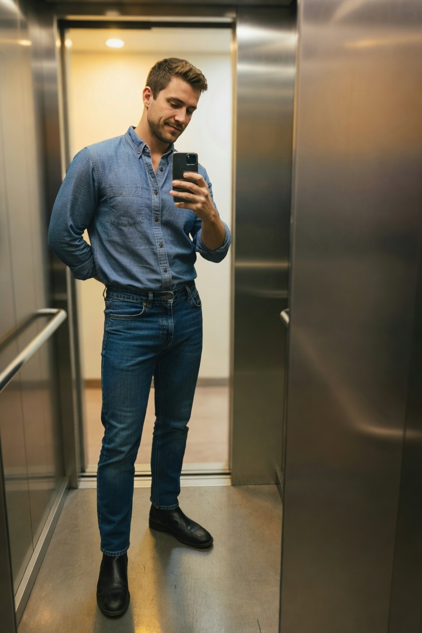 Man taking elevator selfie in light blue chambray button-up shirt tucked into straight-leg blue jeans and black leather boots, hands casually posed