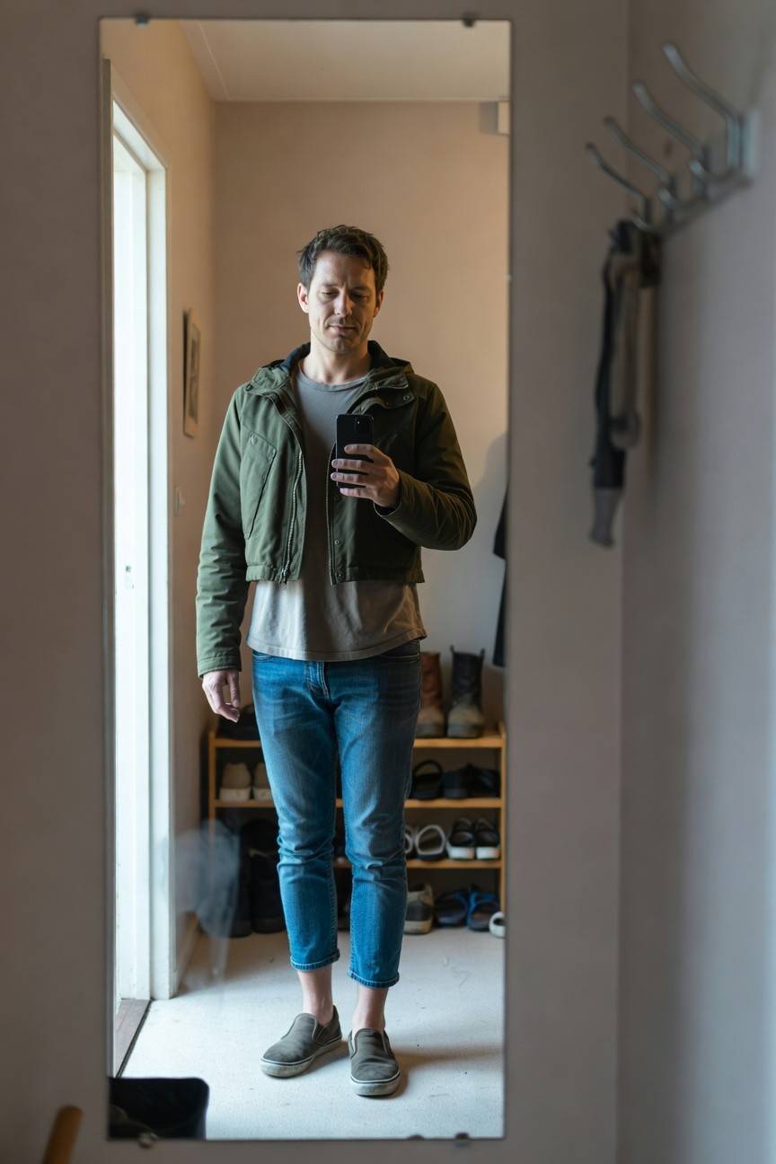 Mirror selfie of a man in a cropped olive green bomber jacket over a gray t-shirt, slim cuffed blue jeans, and gray slip-on sneakers, standing in a closet with shoe rack and coats visible