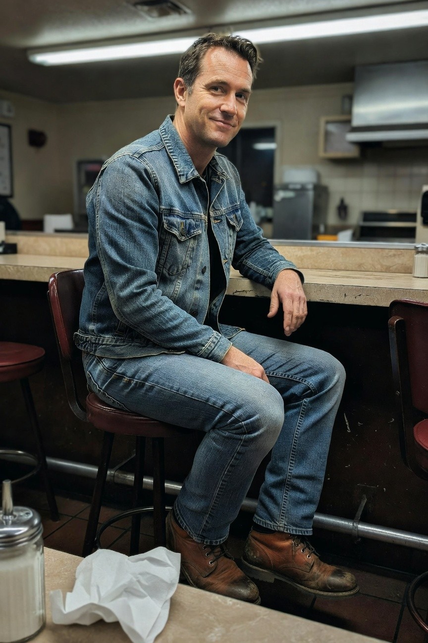 Man sitting on a diner bar stool in an open blue denim jacket over black tee, blue jeans, and brown leather work boots, smiling casually.