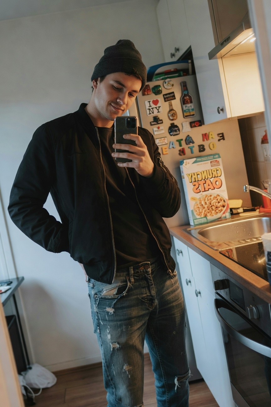 A man in a black beanie, black bomber jacket over black shirt, and distressed ripped blue jeans poses in a kitchen, holding his phone for a selfie with hand in pocket