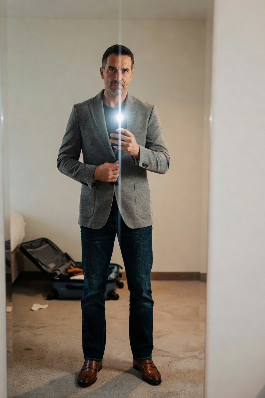 Man in light gray knit blazer over dark t-shirt, dark blue straight-leg jeans, and brown loafers, taking a mirror selfie in a hotel room with suitcase nearby