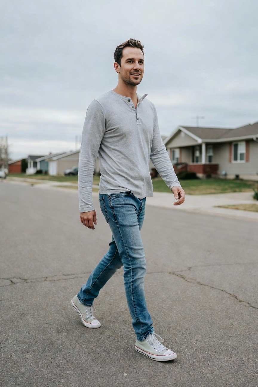Side profile of man walking away in light gray long-sleeve henley shirt with neck button, medium blue slim-fit jeans, and white canvas low-top sneakers