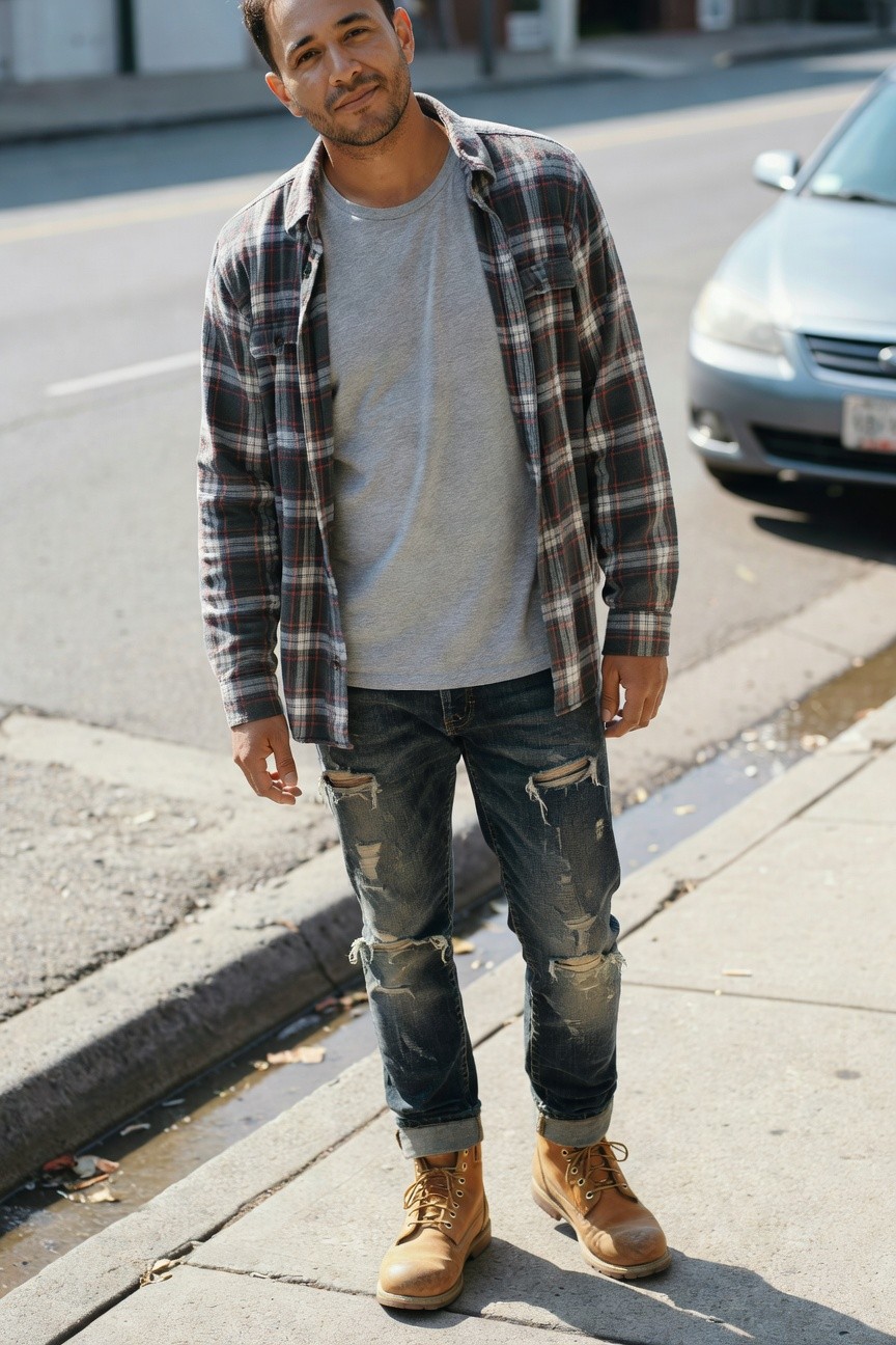 Man in open dark plaid flannel shirt over gray t-shirt, dark blue distressed ripped jeans, and tan laced work boots, standing casually on urban sidewalk