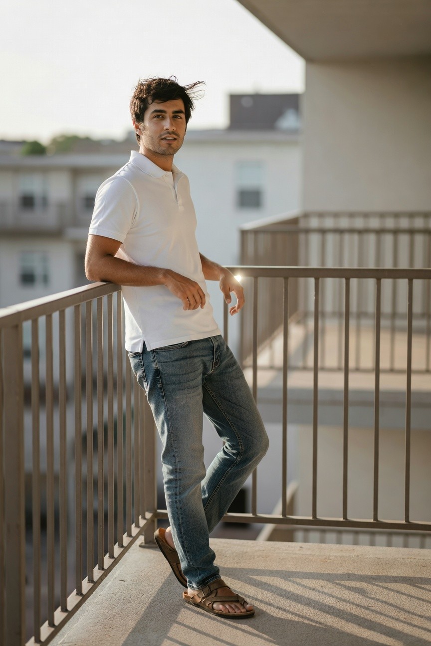 Man leaning casually on a balcony railing in a white short-sleeve polo shirt, mid-wash blue straight-leg jeans cuffed at the ankles, and tan strappy leather sandals