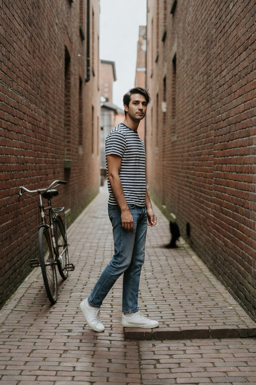 Side profile of a man in a navy and white striped short-sleeve t-shirt, slim blue jeans, and white sneakers, standing next to a bicycle in a narrow brick alley