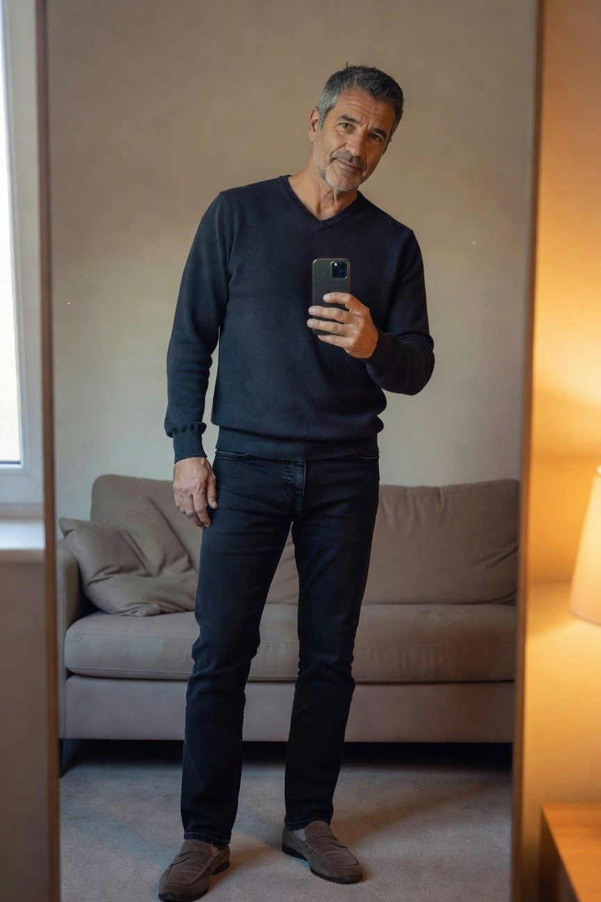 Mature man in a dark navy V-neck knit sweater, slim black jeans, and brown loafers, posing in front of a mirror for a casual selfie