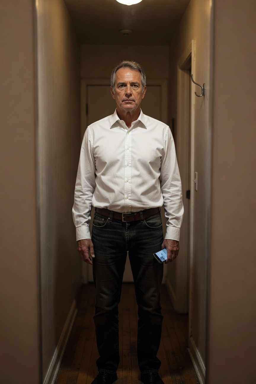 Middle-aged man in a white long-sleeve button-down shirt, dark blue straight-leg jeans, brown belt, and black leather shoes, standing in a beige hallway holding a small blue card, neutral expression