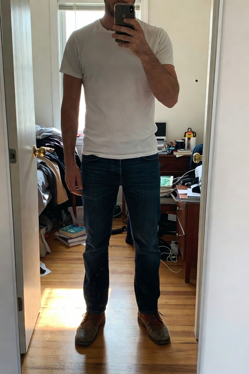 Man in white short-sleeve t-shirt, dark blue straight-leg jeans, and tan leather boots standing in a doorway, casual everyday style