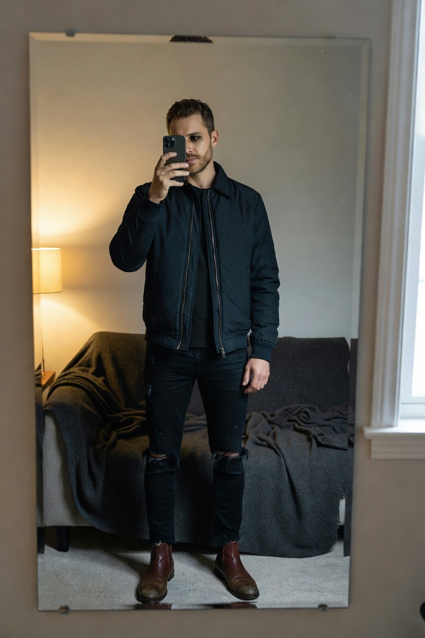 Mirror selfie of a man in a black bomber jacket over black shirt, slim ripped black jeans, and brown Chelsea boots, standing confidently in a modern living room