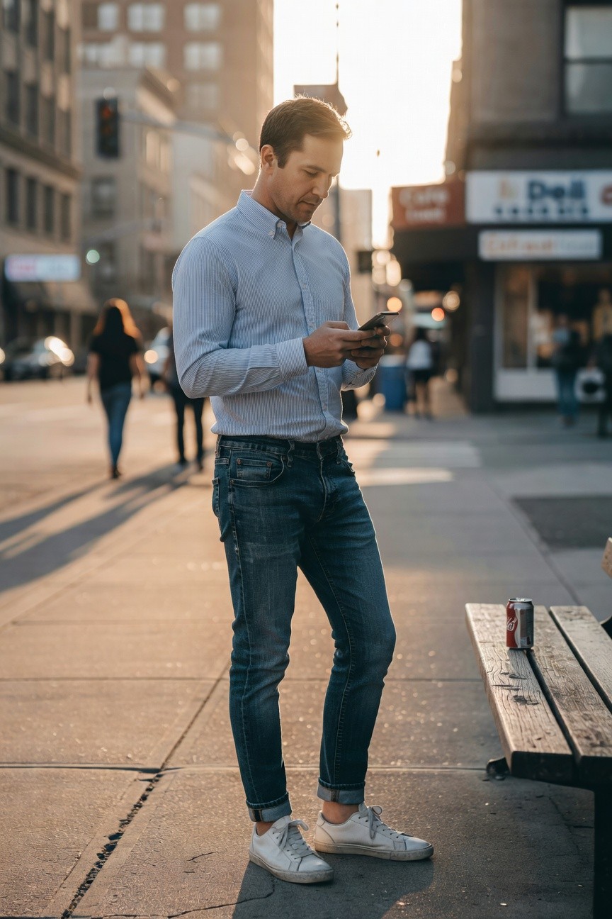 Man standing casually in light blue long-sleeve button-down shirt tucked into slim dark blue jeans cuffed at ankles with white sneakers, holding phone while viewed from side angle on urban sidewalk