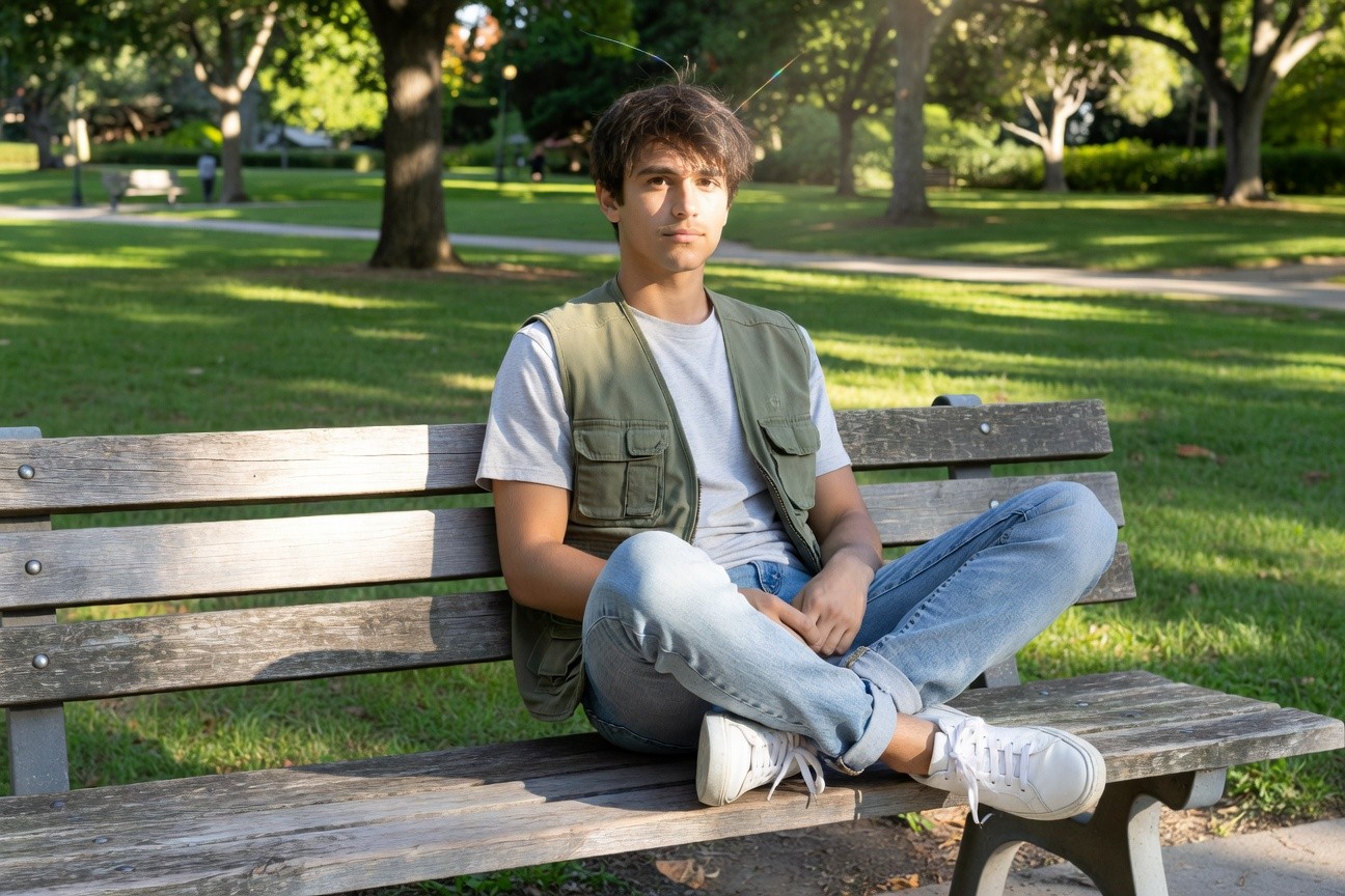 Young man sitting casually on a wooden bench wearing a white t-shirt under an olive green utility vest, light blue cuffed jeans, and white sneakers, in a sunny park setting