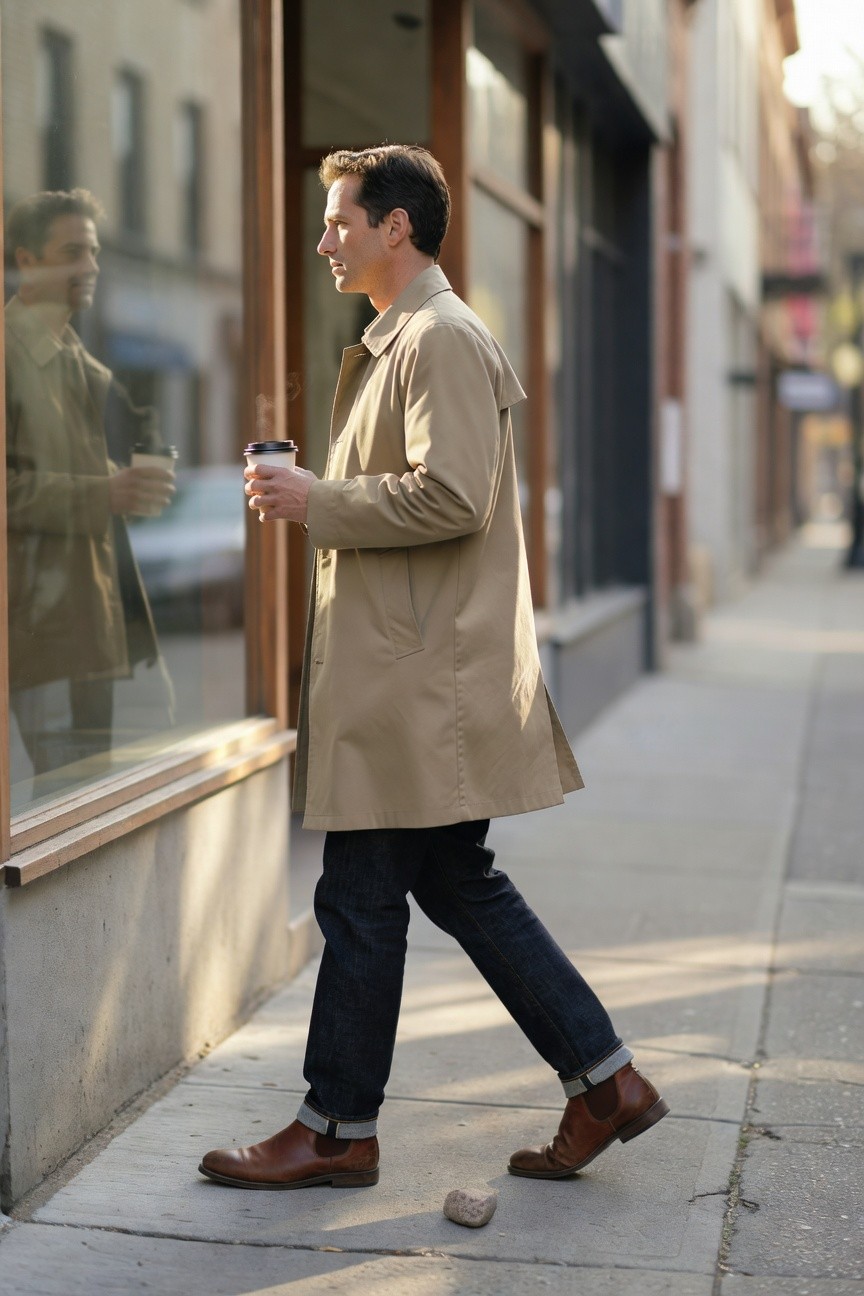 Side view of man in long beige trench coat over white collared shirt, dark cuffed jeans, and brown leather Chelsea boots, holding a coffee cup while walking on urban sidewalk with window reflection