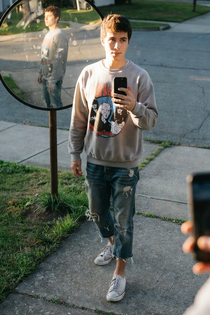 Young man taking a selfie in a gray Misfits graphic sweatshirt, distressed cropped blue jeans rolled at the ankles, and white low-top sneakers, reflected in a large circular mirror on a sidewalk