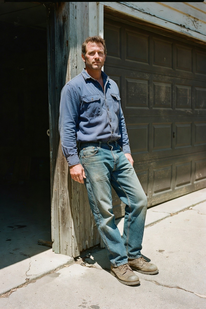 A man in his 40s leans against a wooden post wearing a long-sleeve faded blue chambray work shirt with patch pockets, straight-leg faded blue jeans, tan work boots, and a belt, captured in a candid outdoor style photo