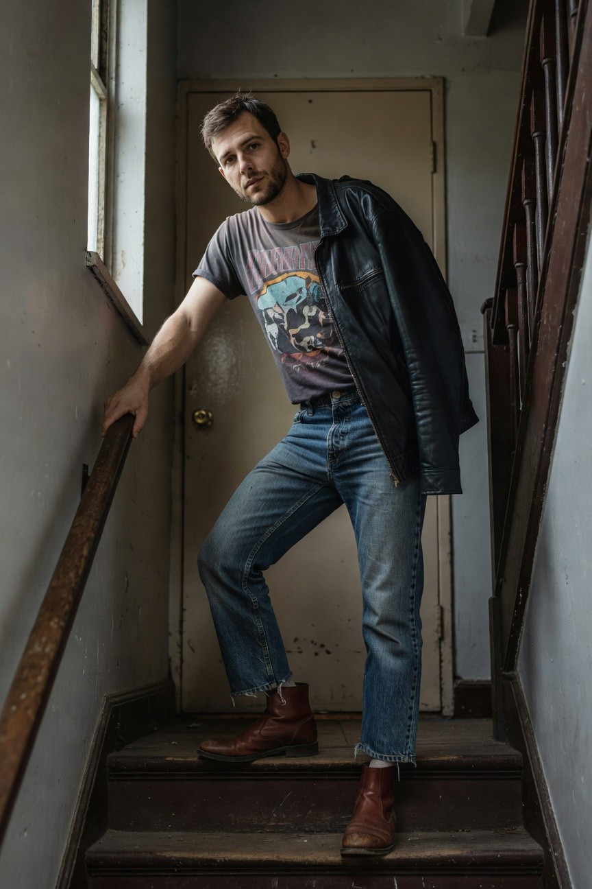 Faded Straight Jeans with Graphic Tee and Leather Jacket