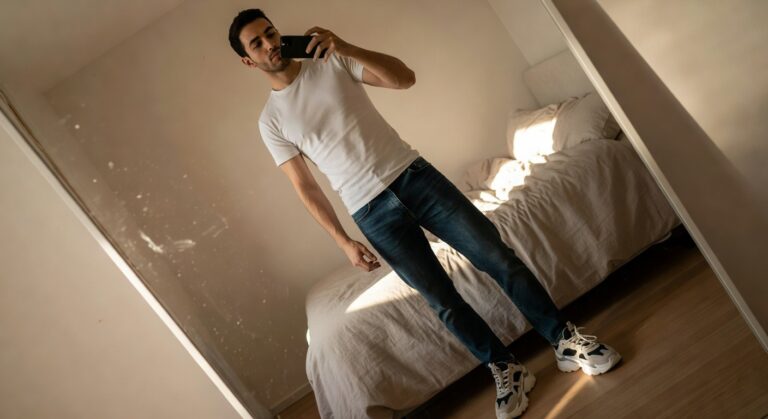 17 Trend-Forward Jeans Outfits for Men That Feel Confident and Cool Young man with dark curly hair taking a mirror selfie in a white crewneck t-shirt, slim blue jeans, and chunky white-gray sneakers, standing in a bedroom with a bed visible behind