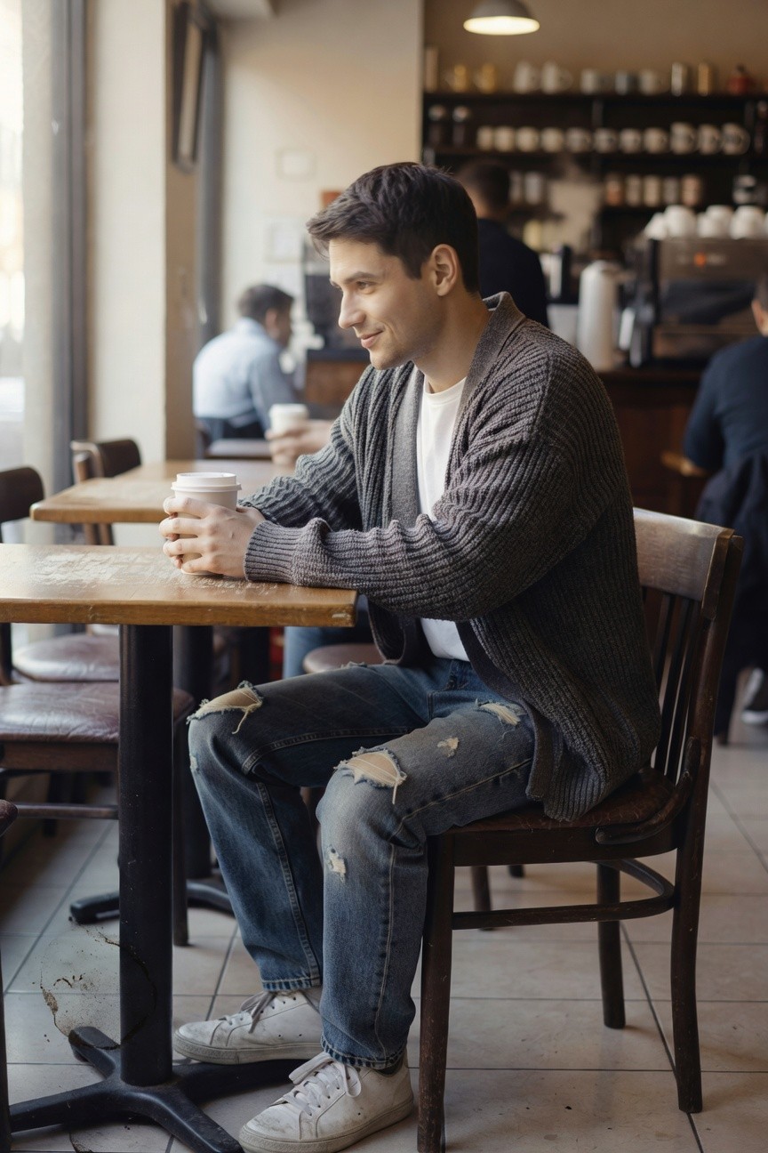 Young man seated at wooden cafe table wearing open gray knit cardigan over white t-shirt, light blue ripped jeans with knee and thigh distressing, white sneakers, holding paper coffee cup