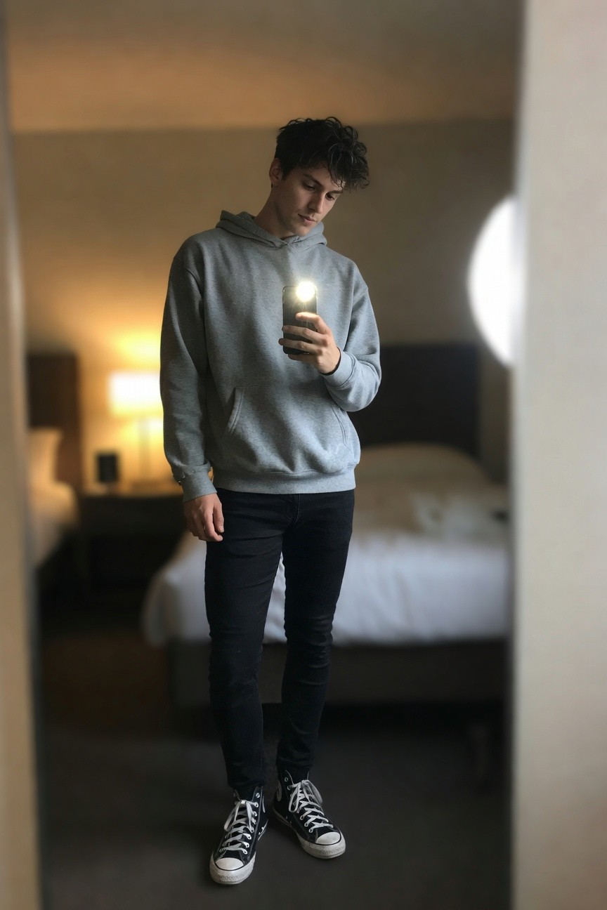 Young man taking a mirror selfie in a hotel room, dressed in a light gray hoodie, slim black jeans, and black high-top Converse sneakers, with a bed and lamp visible in the background reflection