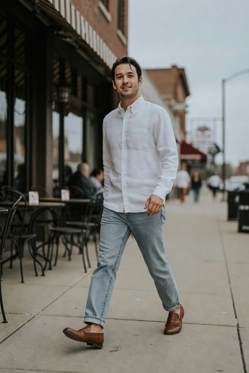 Man walking in white linen long-sleeve button-down shirt tucked loosely into slim light blue cuffed jeans paired with brown leather penny loafers, casual confident style on sidewalk