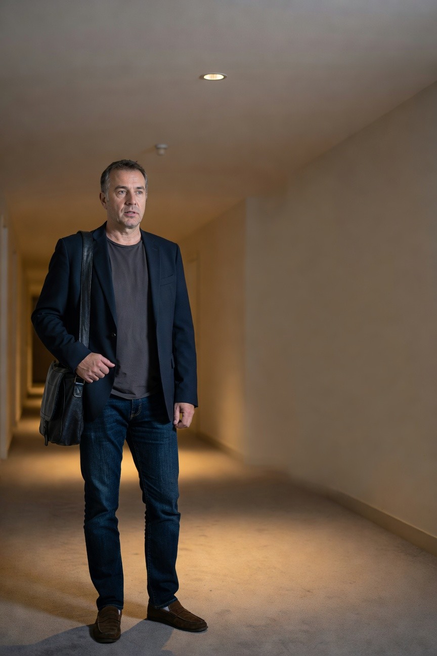 Middle-aged man standing in a dimly lit hallway wearing slim dark blue jeans, navy blazer over gray t-shirt, black leather messenger bag, and brown suede loafers