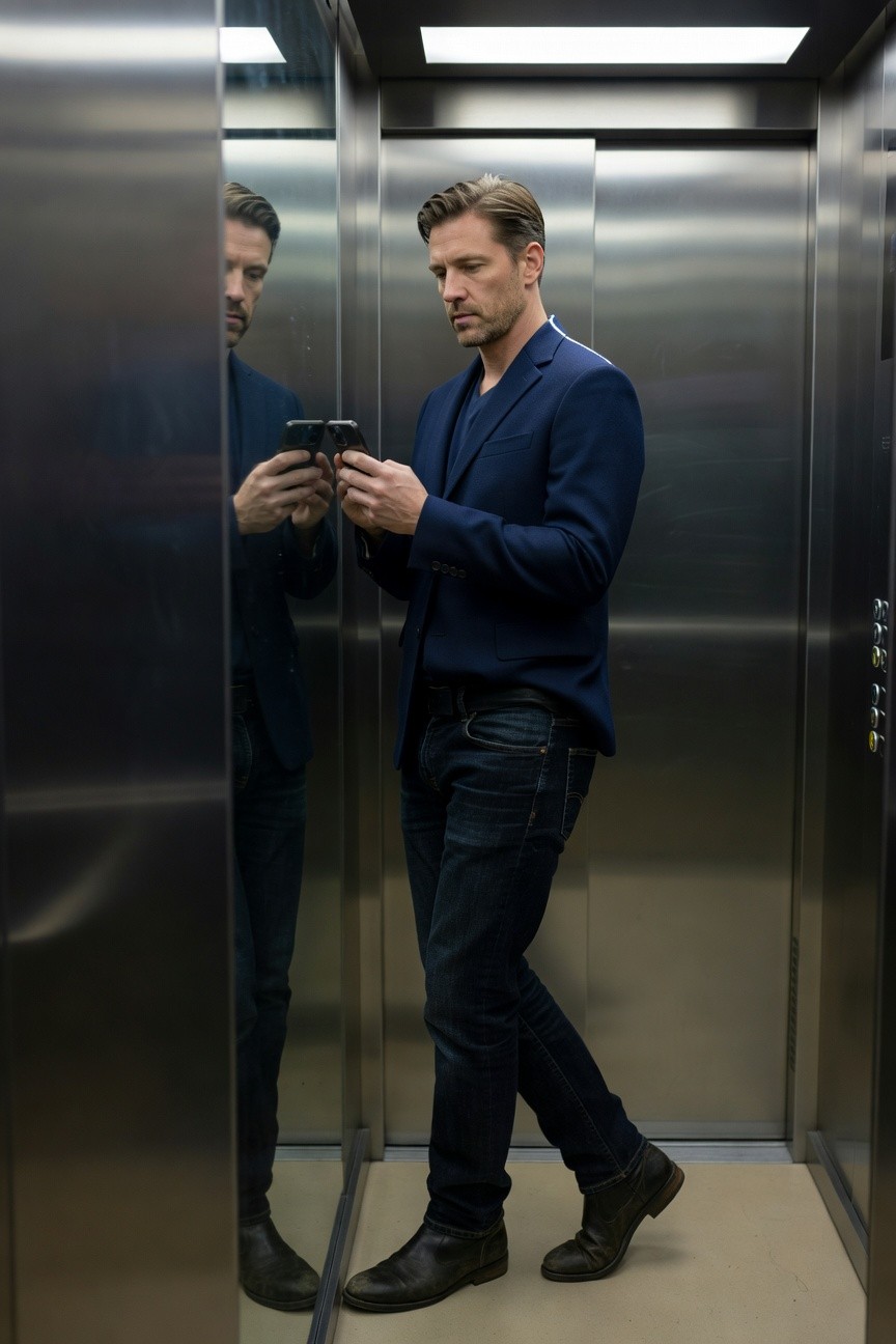 A man in a slim navy blazer, dark slim-fit jeans, and black leather boots stands in a mirrored elevator, checking his phone, captured from a low angle emphasizing the outfit's smart casual style.