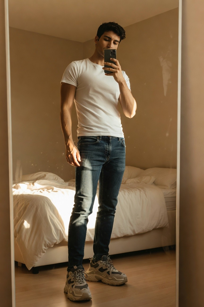 Young man with dark curly hair taking a mirror selfie in a white crewneck t-shirt, slim blue jeans, and chunky white-gray sneakers, standing in a bedroom with a bed visible behind