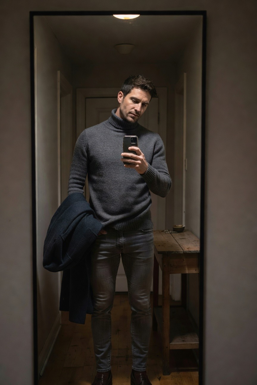 Man taking a mirror selfie in a narrow hallway, wearing a gray turtleneck sweater, slim gray jeans with subtle sheen, brown leather derbies, and a navy coat draped over one arm