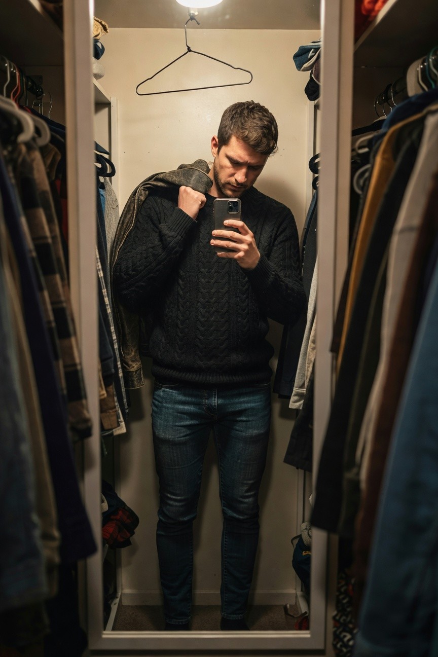 Man taking a mirror selfie in a closet wearing a black cable knit sweater, slim dark blue jeans, with a brown leather jacket draped over one shoulder, surrounded by hanging clothes