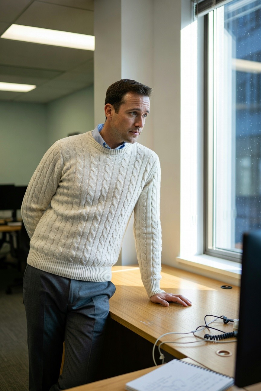 Man in white cable knit sweater over blue collared shirt and gray trousers, leaning on office desk with hand extended